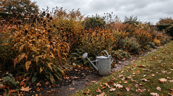 Autumn plant feed UK, a border going over in October with seedheads and a watering can on the lawn edge