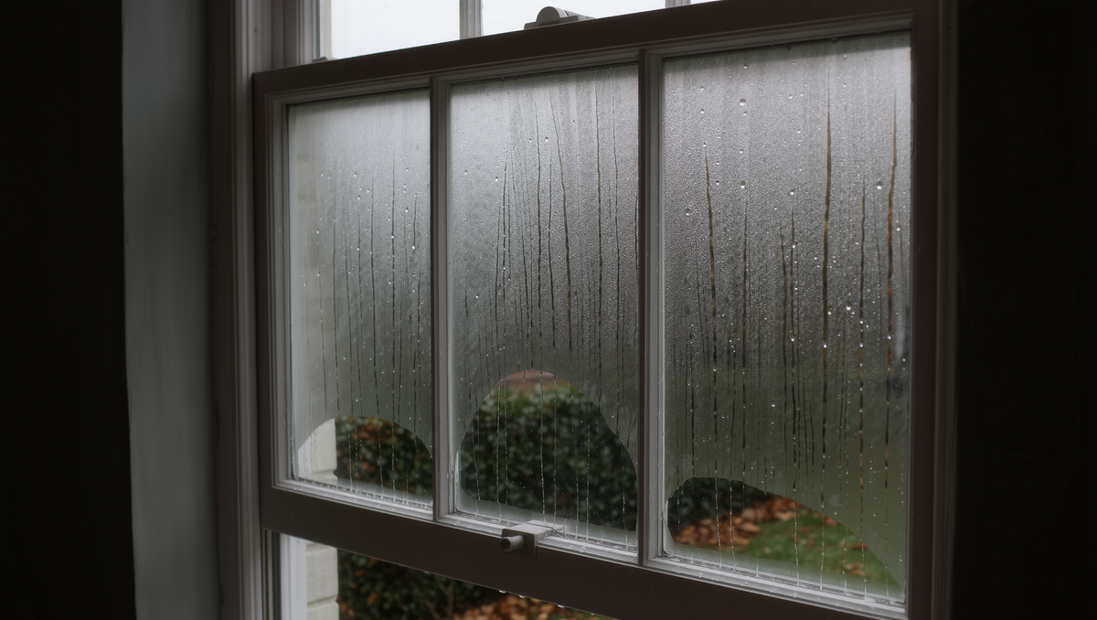 Condensation on windows in autumn running down the inside of a uPVC frame on a cold September morning