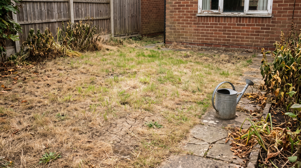 Garden recovery after drought, a patchy English lawn in early autumn