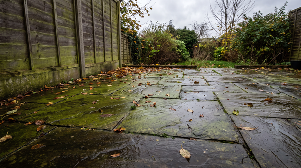 Green patio in autumn, sandstone slabs covered in algae along a shaded fence line