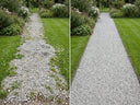 Before and after gravel path treated with Pro-Hold gravel glue — loose scattered stones vs a neat bonded path